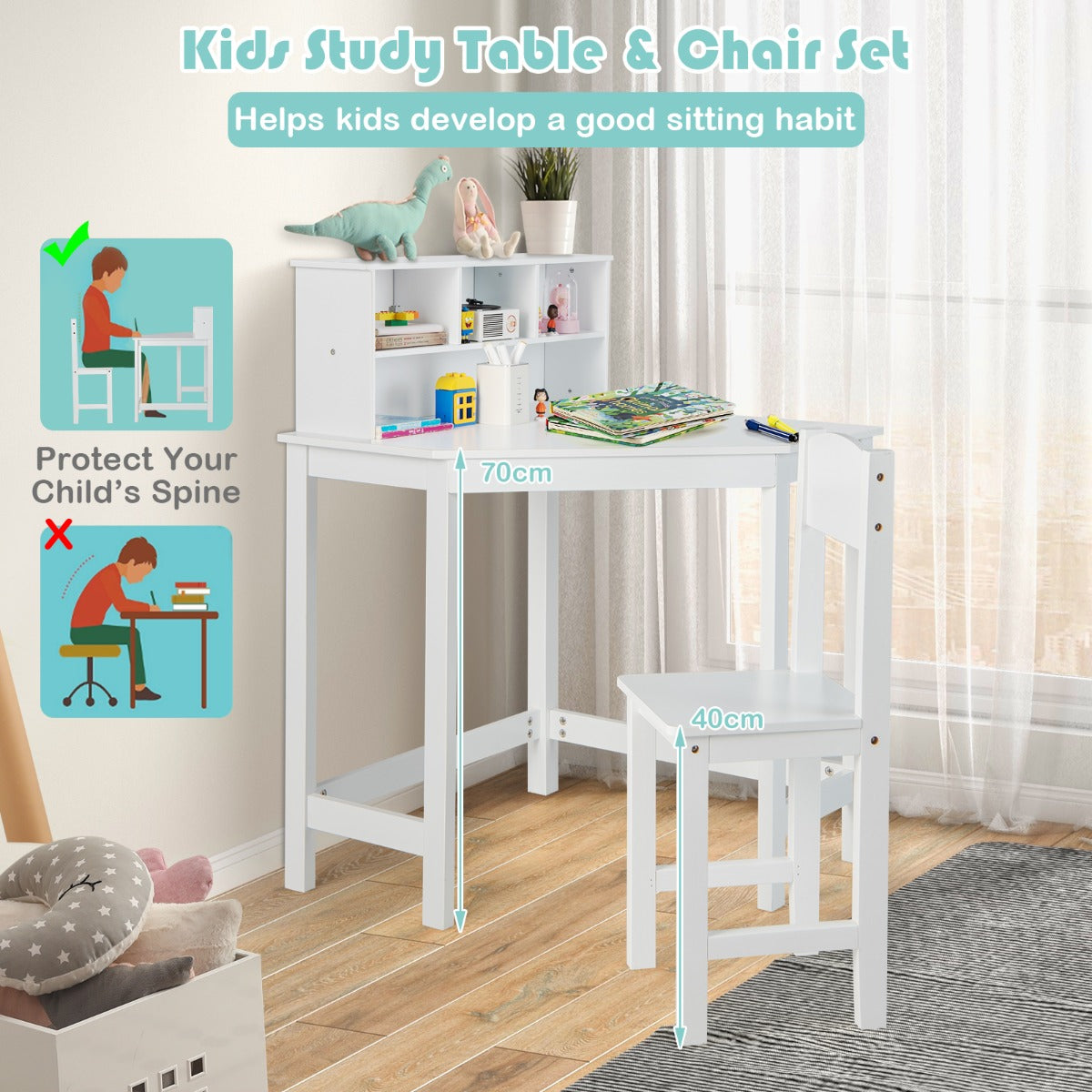 Kids Corner Desk and Chair Set with Chair and Hutch-White