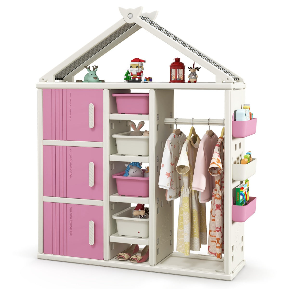 Kids Costume Storage Closet with Storage Bin-Pink