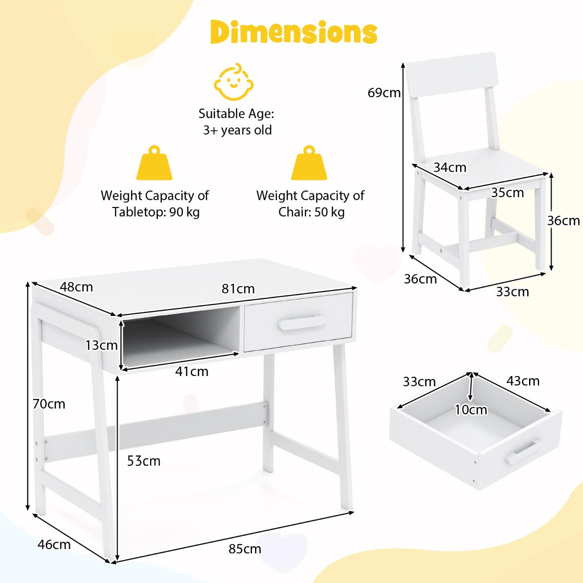 Kids Desk and Chair Set with Drawer and Pine Wood Legs-White