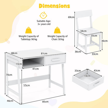 Kids Desk and Chair Set with Drawer and Pine Wood Legs-White