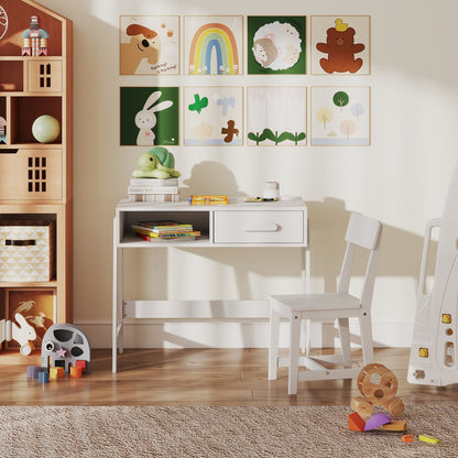 Kids Desk and Chair Set with Drawer and Pine Wood Legs-White