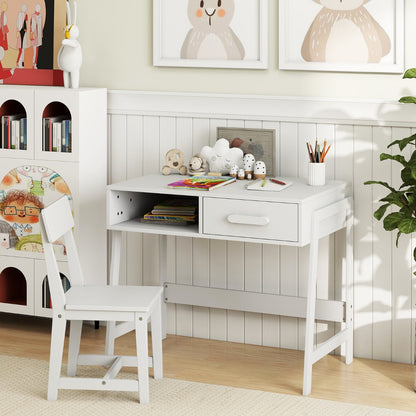 Kids Desk and Chair Set with Drawer and Pine Wood Legs-White