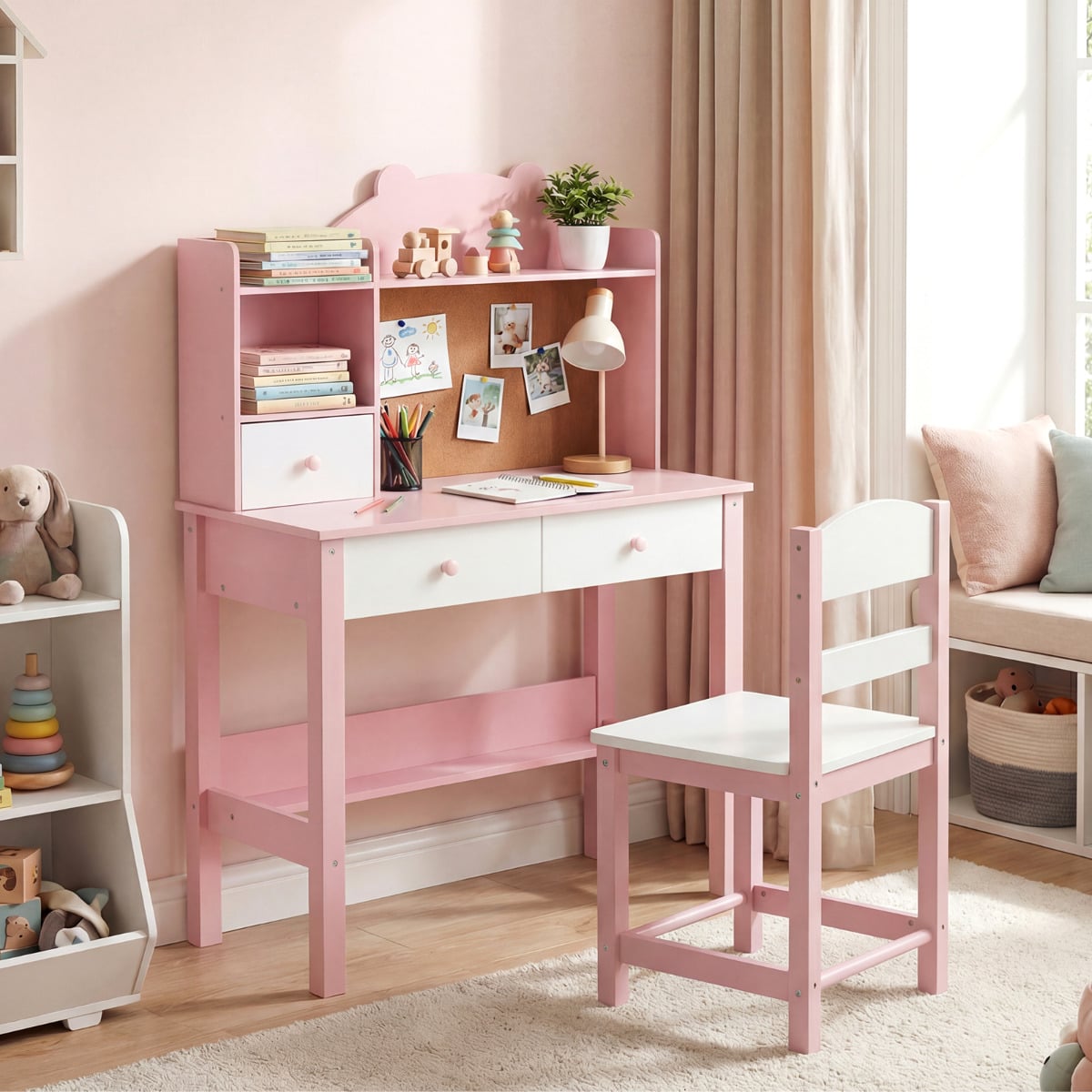 Wooden Kids Study Desk and Chair Set for Kids 3+-Pink & White