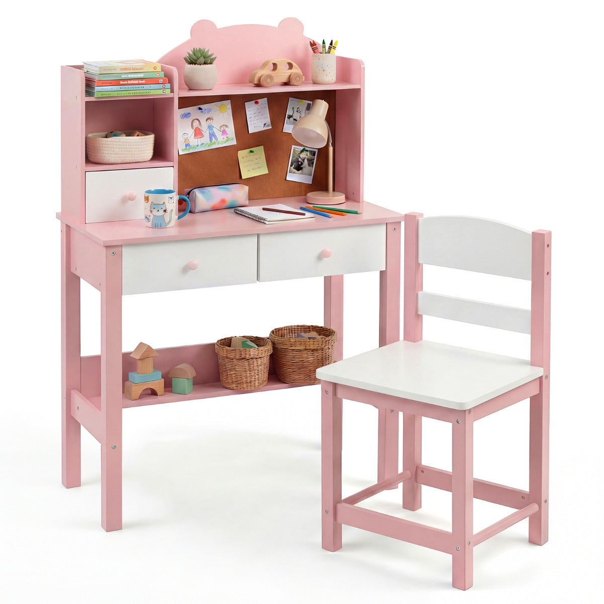 Wooden Kids Study Desk and Chair Set for Kids 3+-Pink & White