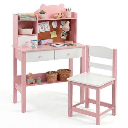 Wooden Kids Study Desk and Chair Set for Kids 3+-Pink & White