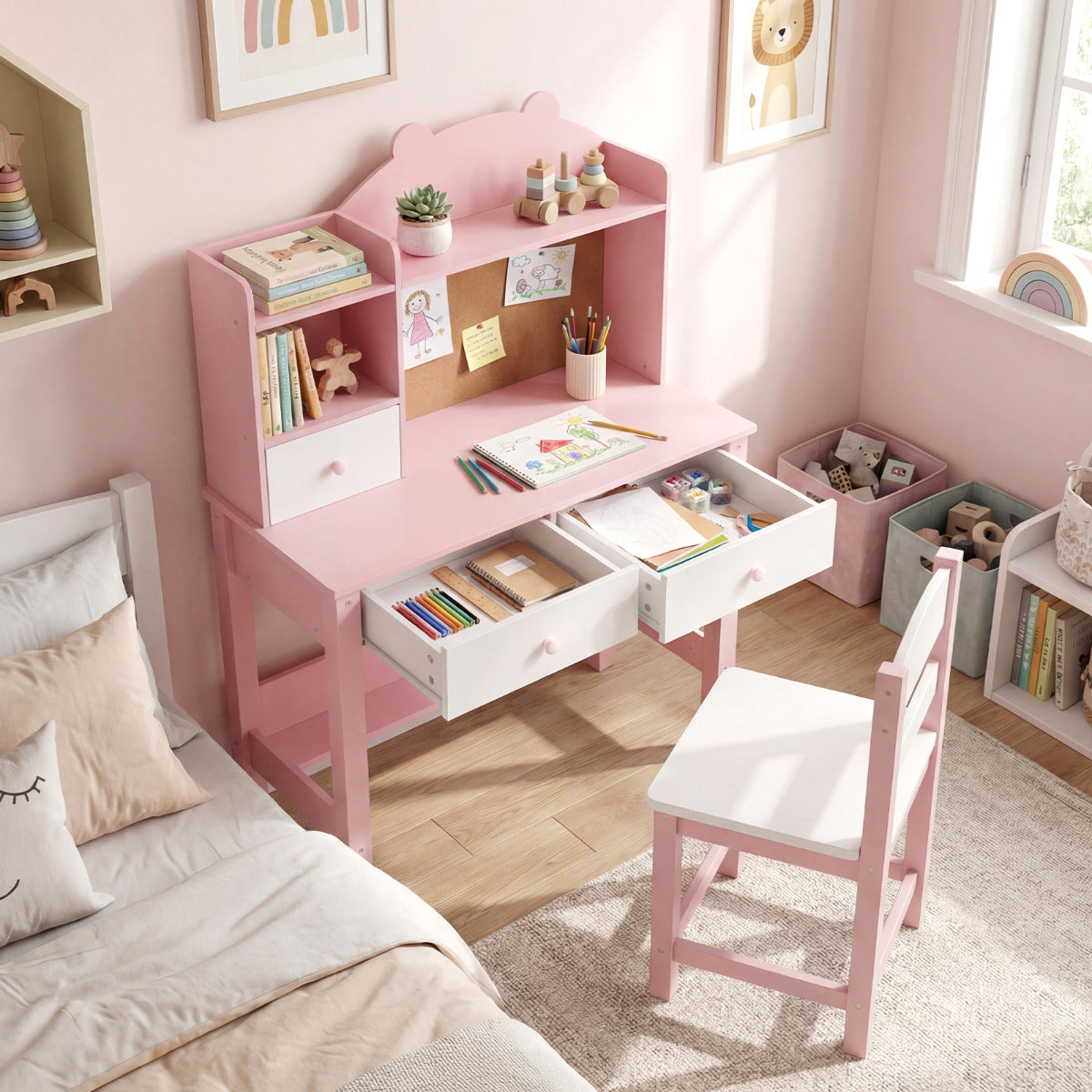 Wooden Kids Study Desk and Chair Set for Kids 3+-Pink & White