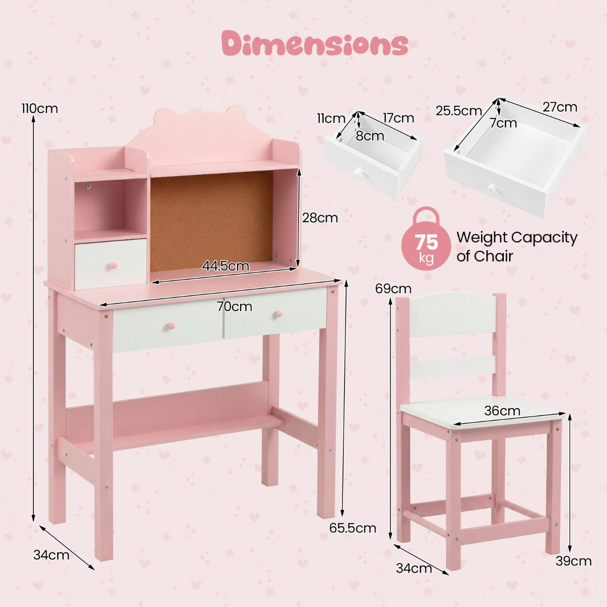 Wooden Kids Study Desk and Chair Set for Kids 3+-Pink & White
