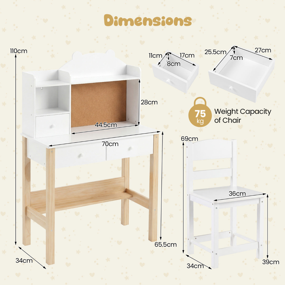 Wooden Kids Study Desk and Chair Set for Kids 3+-White