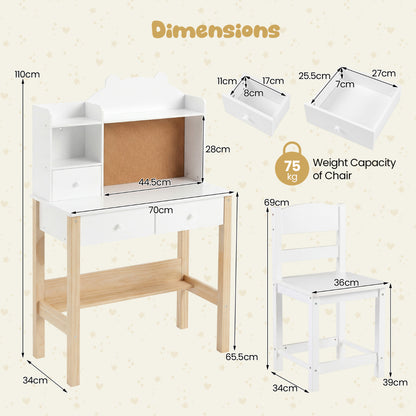 Wooden Kids Study Desk and Chair Set for Kids 3+-White
