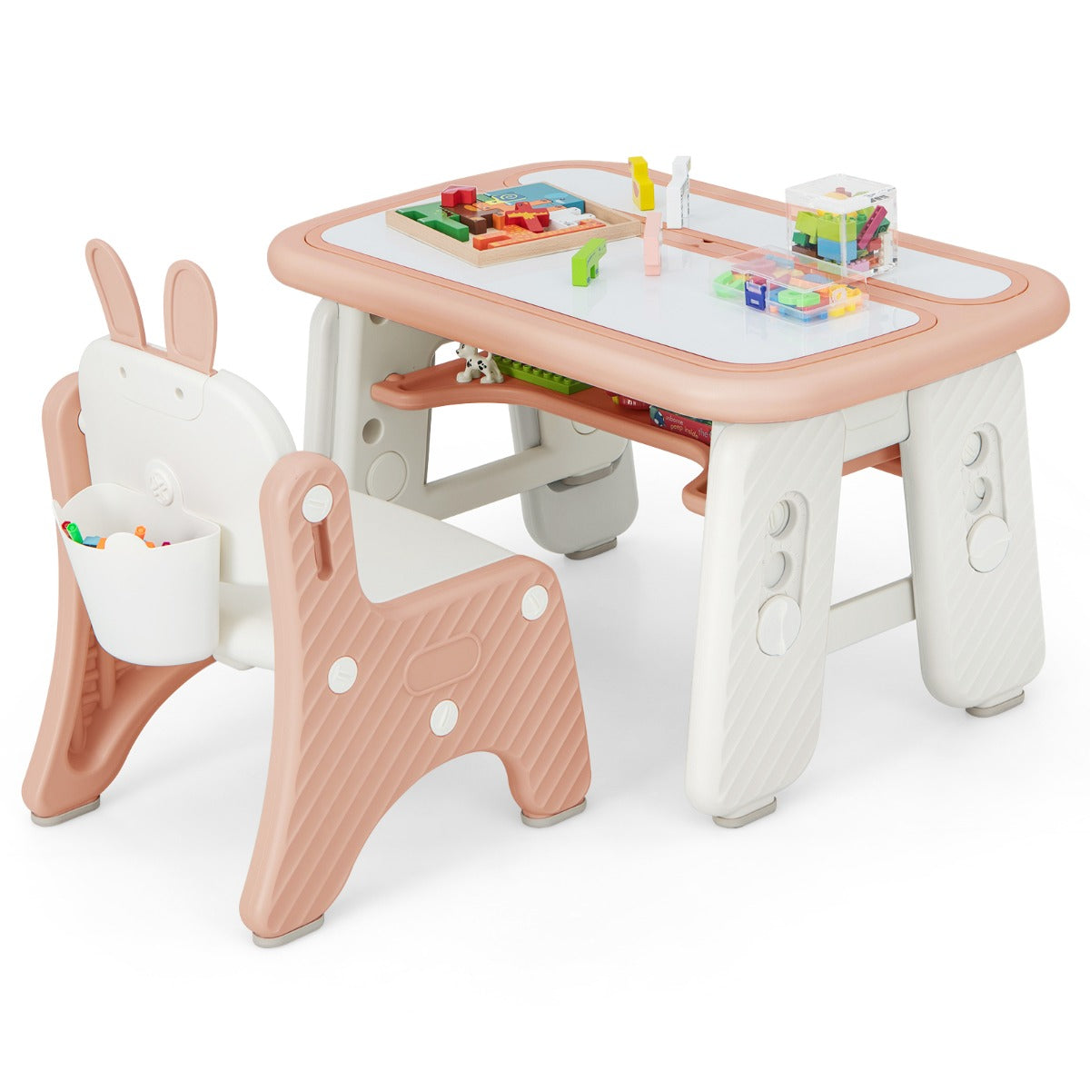 Kids Drawing Table and Chair Set with Flip-Top Tabletop Bookshelf-Pink