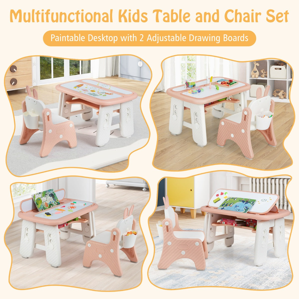 Kids Drawing Table and Chair Set with Flip-Top Tabletop Bookshelf-Pink
