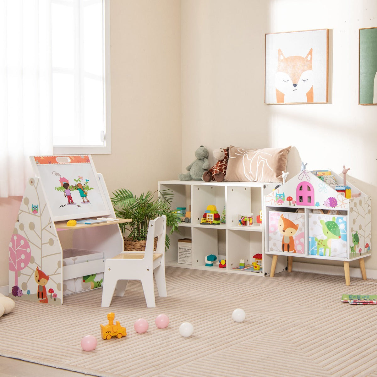 Kids House-shaped Bookshelf with 2 Storage Bins and Elevated Solid Wood Legs-White