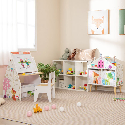 Kids House-shaped Bookshelf with 2 Storage Bins and Elevated Solid Wood Legs-White
