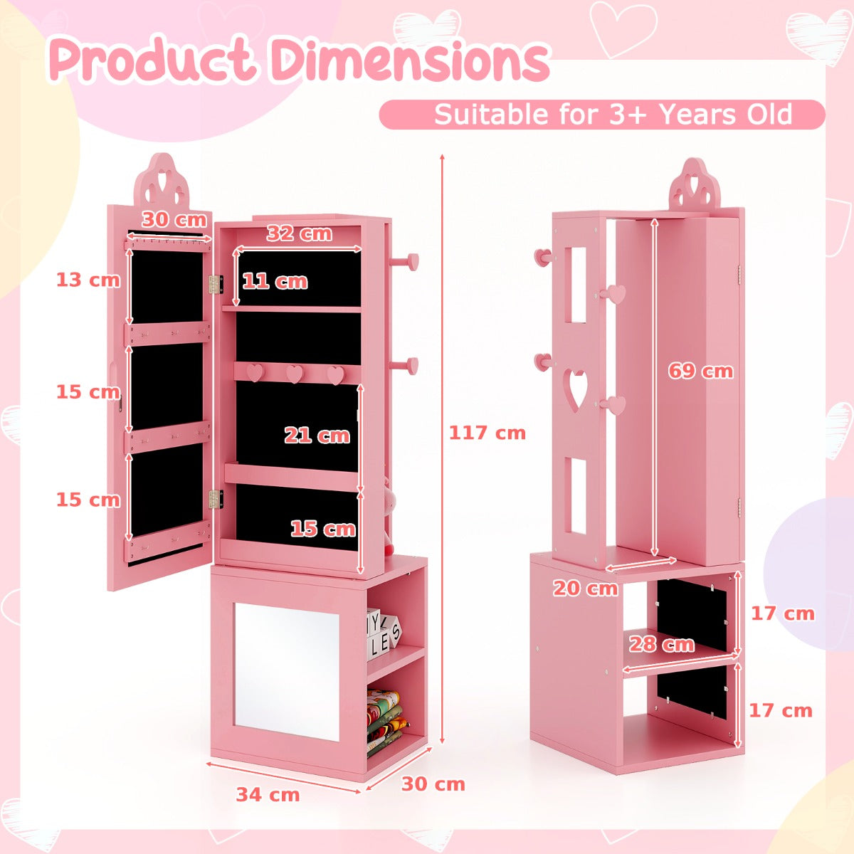 Kids Jewelry Armoire Full Length Mirror with Coat Rack and Storage Shelves-Pink