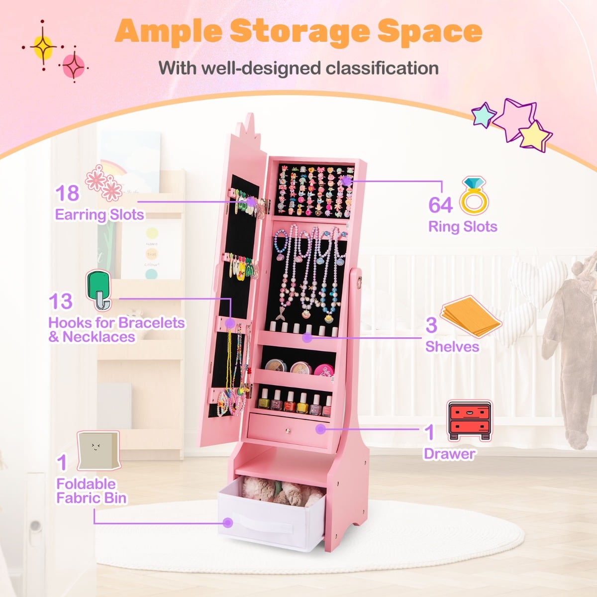 Kids Jewelry Cabinet with Full-Length Mirror and Foldable Drawer-Pink