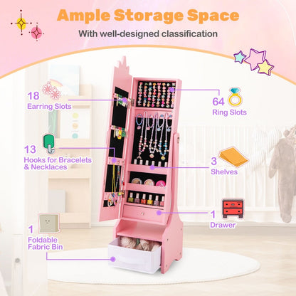 Kids Jewelry Cabinet with Full-Length Mirror and Foldable Drawer-Pink