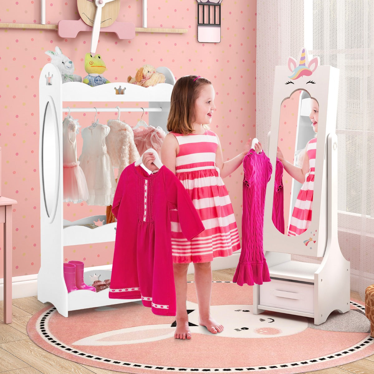 Kids Jewelry Cabinet with Full-Length Mirror and Foldable Drawer-White