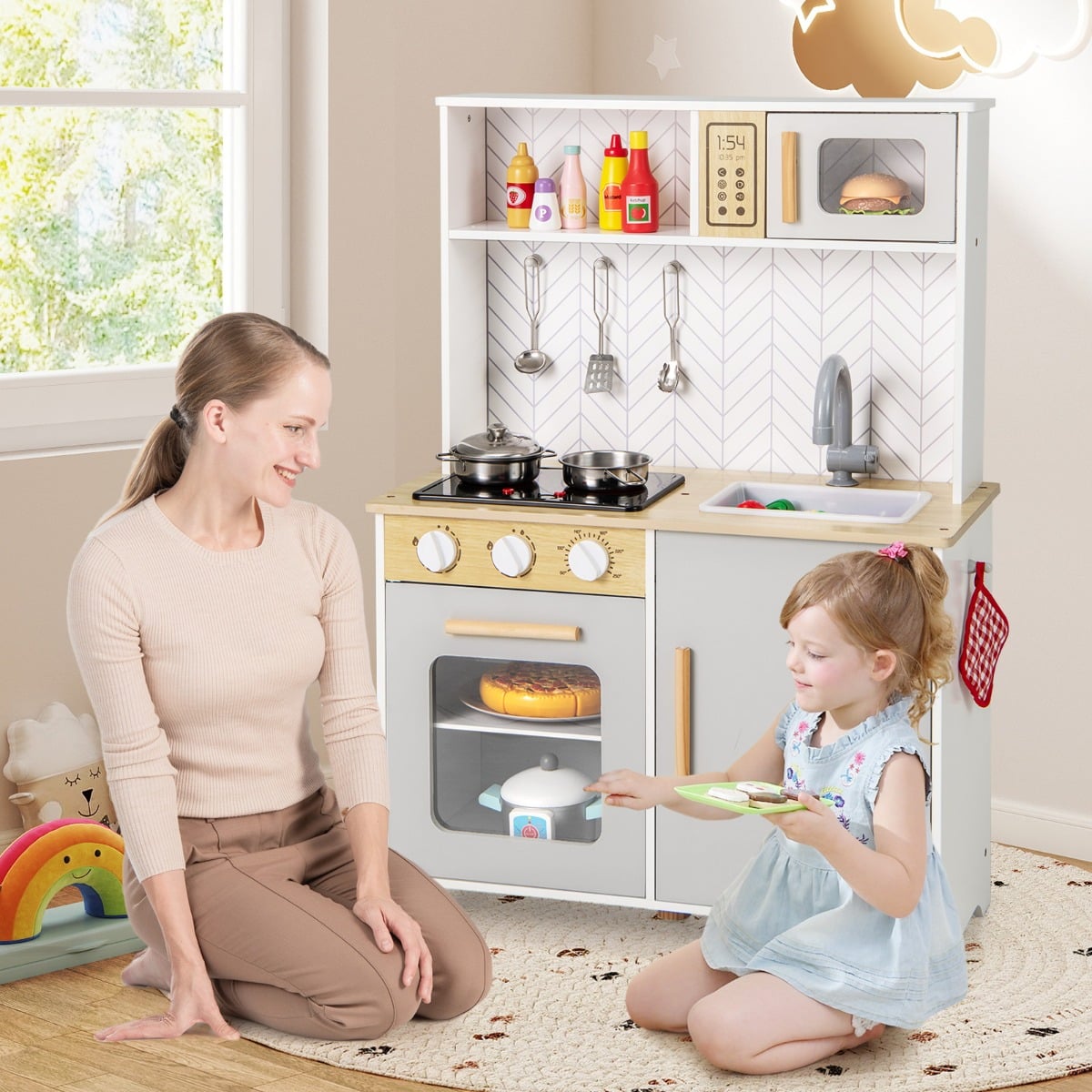 Kids Kitchen Playset with Lights and Sounds Stove Oven Sink Faucet Microwave-White