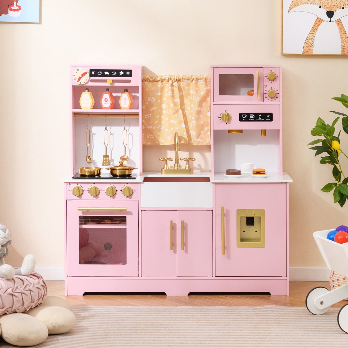 Kids Kitchen Playset with Coffee Maker and Stove Top and Golden Utensils-Pink