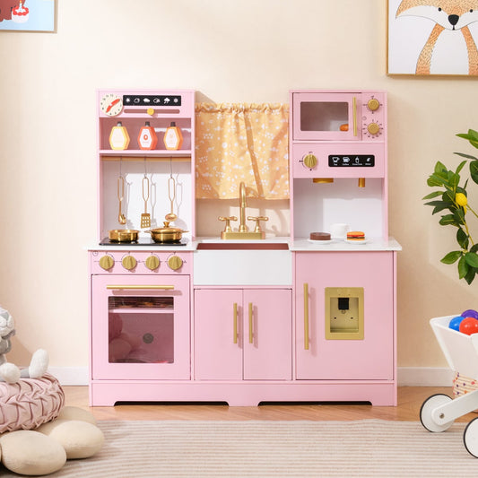 Kids Kitchen Playset with Coffee Maker and Stove Top and Golden Utensils-Pink