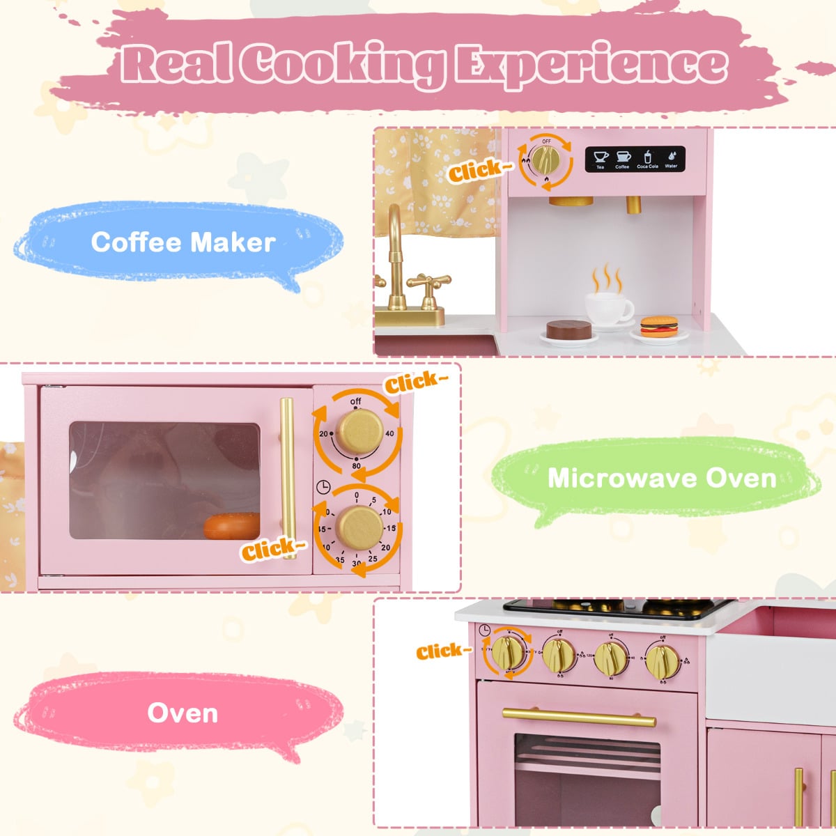Kids Kitchen Playset with Coffee Maker and Stove Top and Golden Utensils-Pink