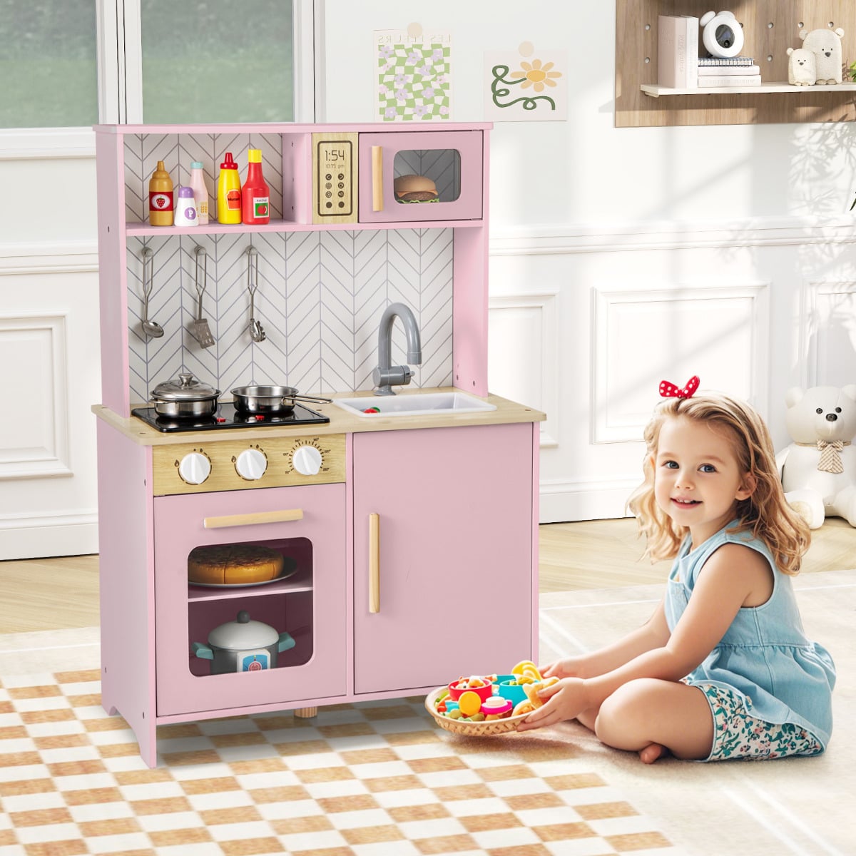 Kids Kitchen Playset with Lights and Sounds Stove Oven Sink Faucet Microwave-Pink