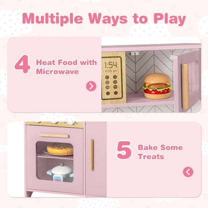 Kids Kitchen Playset with Lights and Sounds Stove Oven Sink Faucet Microwave-Pink