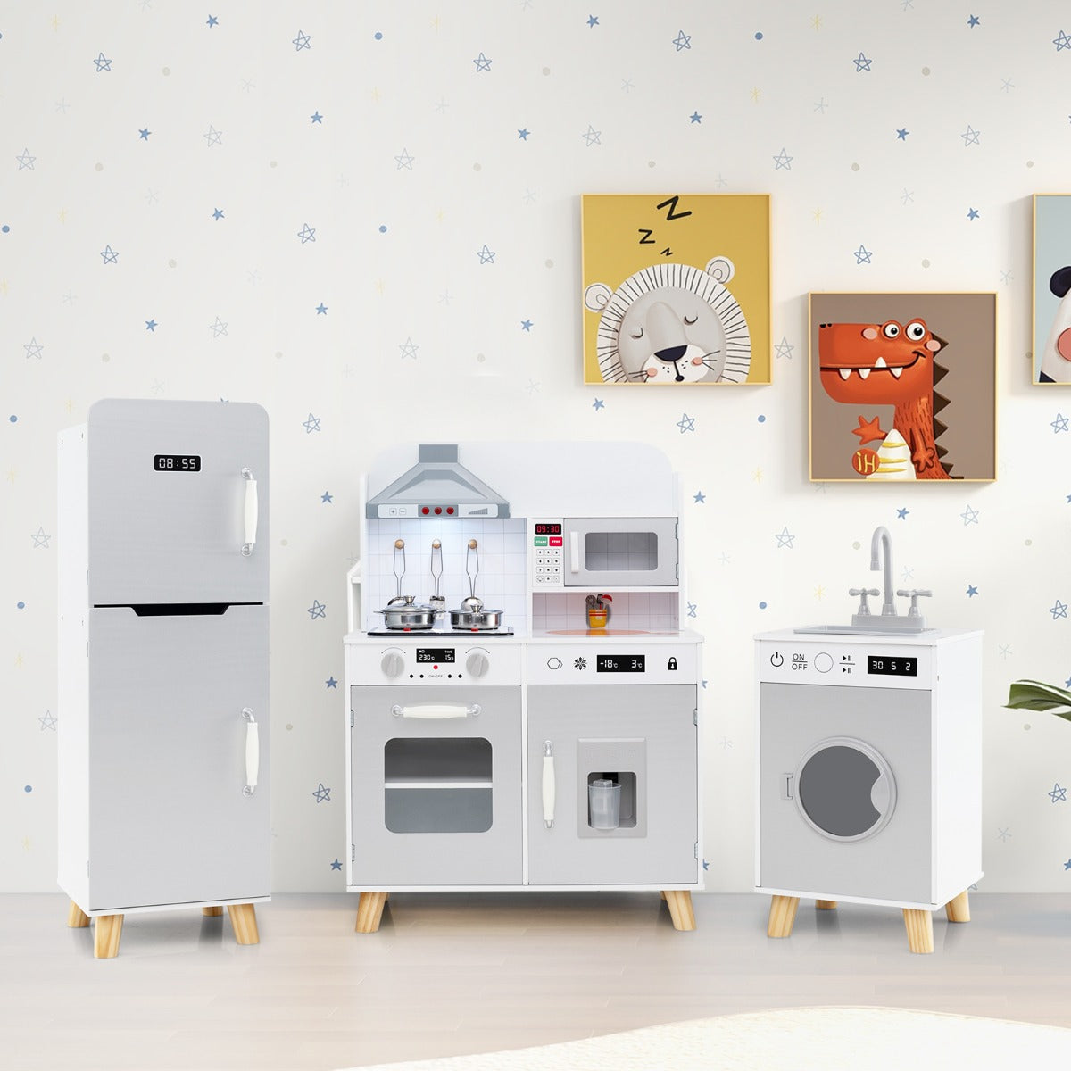 Kids Kitchen Playset with Refrigerator and Washing Machine-Grey