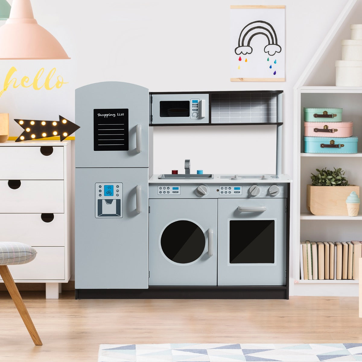Kids Kitchen Set with Sink and Faucet, Stove, Oven and Microwave