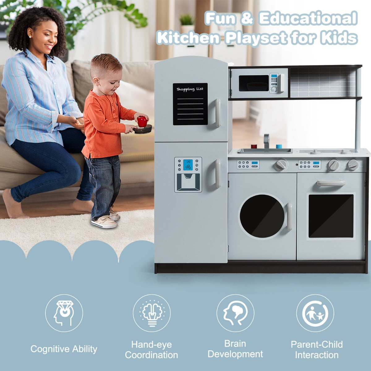 Kids Kitchen Set with Sink and Faucet, Stove, Oven and Microwave