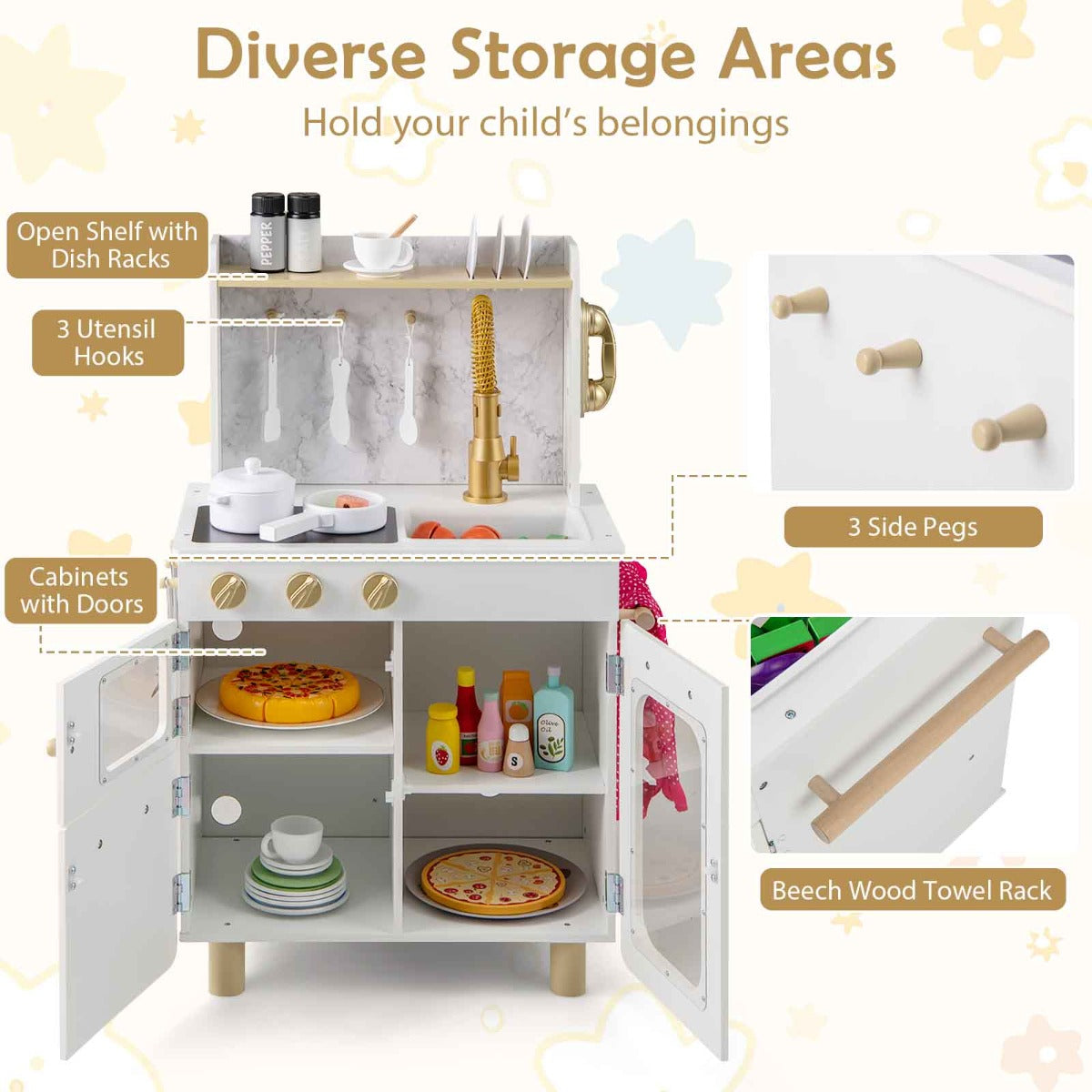 Kids Kitchen Setwith Stoves Faucet Sink Telephone Microwave and Oven-White