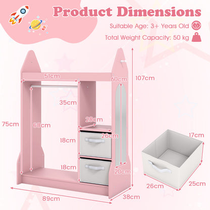 Kids Play Armoire Dresser with Acrylic Mirror Cloth Hanger-Pink