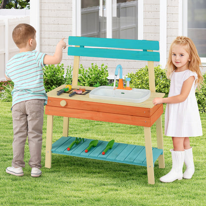 Kids Play Kitchen Set Wooden Kitchen Playset with Cooking & Gardening Accessories-Blue