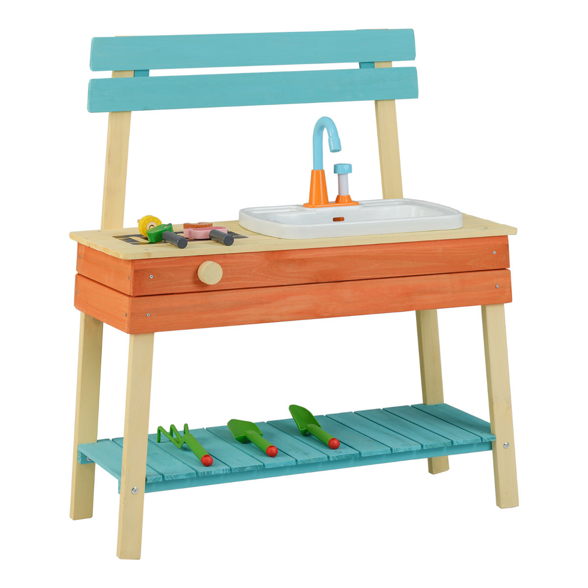 Kids Play Kitchen Set Wooden Kitchen Playset with Cooking & Gardening Accessories-Blue