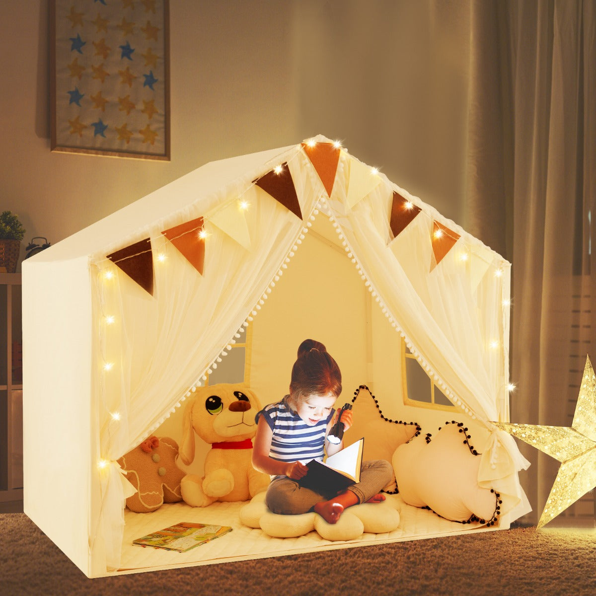 Kids Play Tent 3-4 Kids Large Play Tent House with Fabric and Screen Curtains-Beige