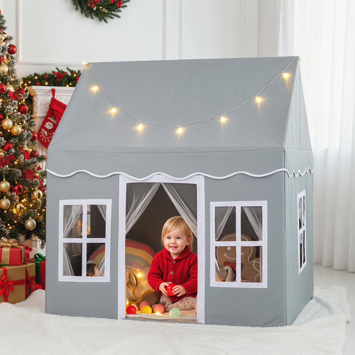 Kids Play Tent with Star Lights and Non-slip Mat-Grey