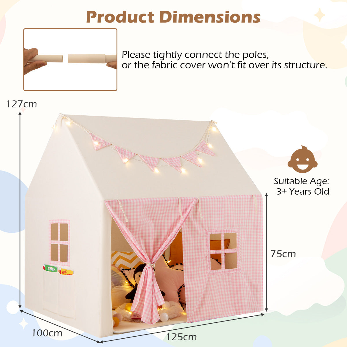 Kids Play Tent with Padded Mat for Children Aged 3-8 Years Old-Pink