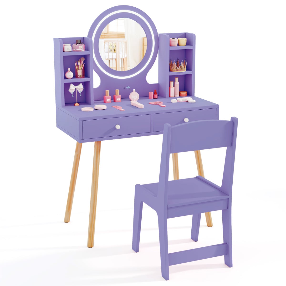 Kids Princess Vanity Desk Set with 2-Color LED Lighted Acrylic Mirror-Purple