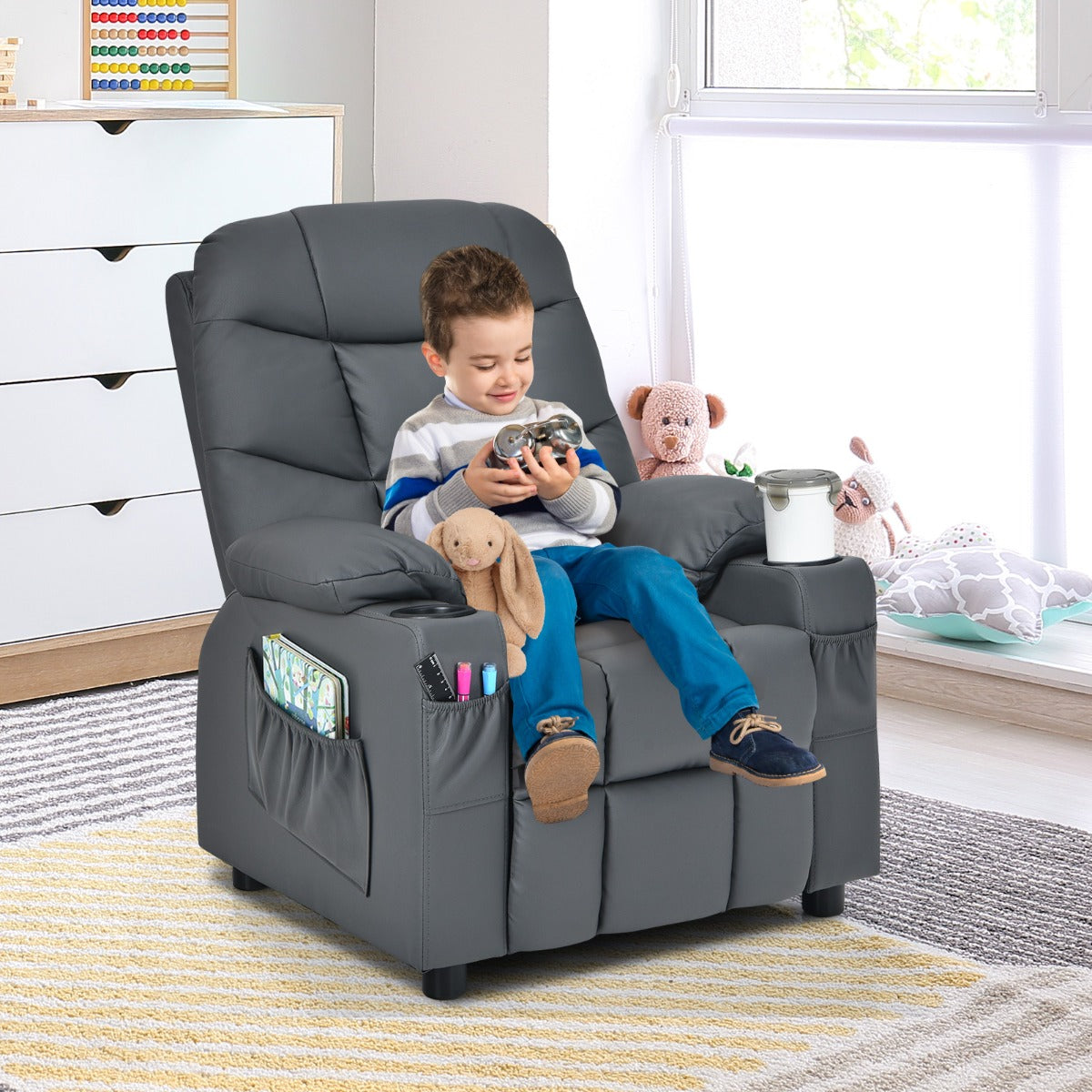 PU Leather Kids Recliner Chair with Cup Holders and Side Pockets-Gray
