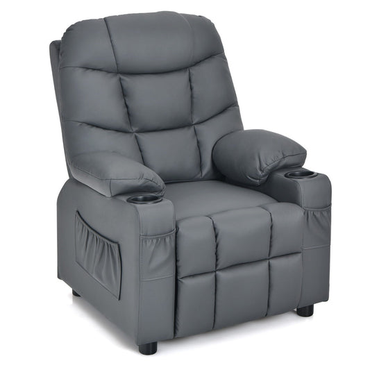 PU Leather Kids Recliner Chair with Cup Holders and Side Pockets-Gray