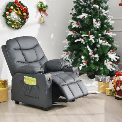 PU Leather Kids Recliner Chair with Cup Holders and Side Pockets-Gray