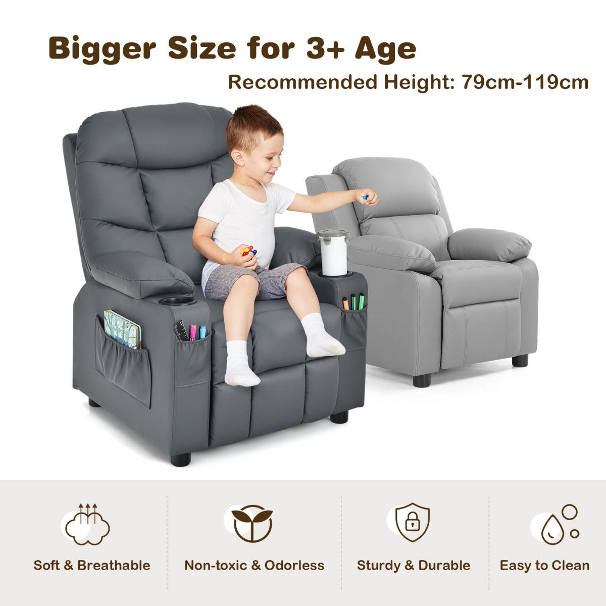 PU Leather Kids Recliner Chair with Cup Holders and Side Pockets-Gray