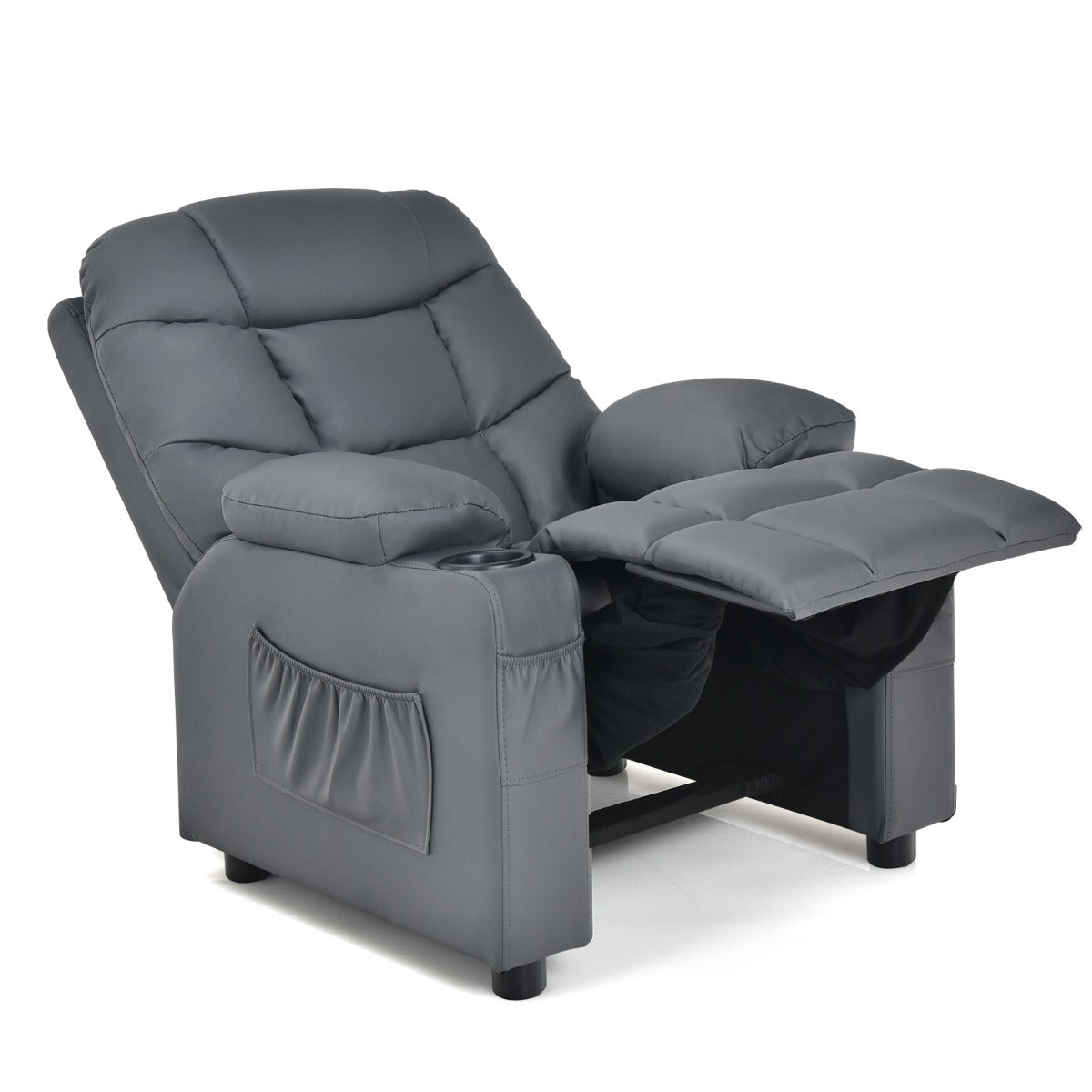 PU Leather Kids Recliner Chair with Cup Holders and Side Pockets-Gray