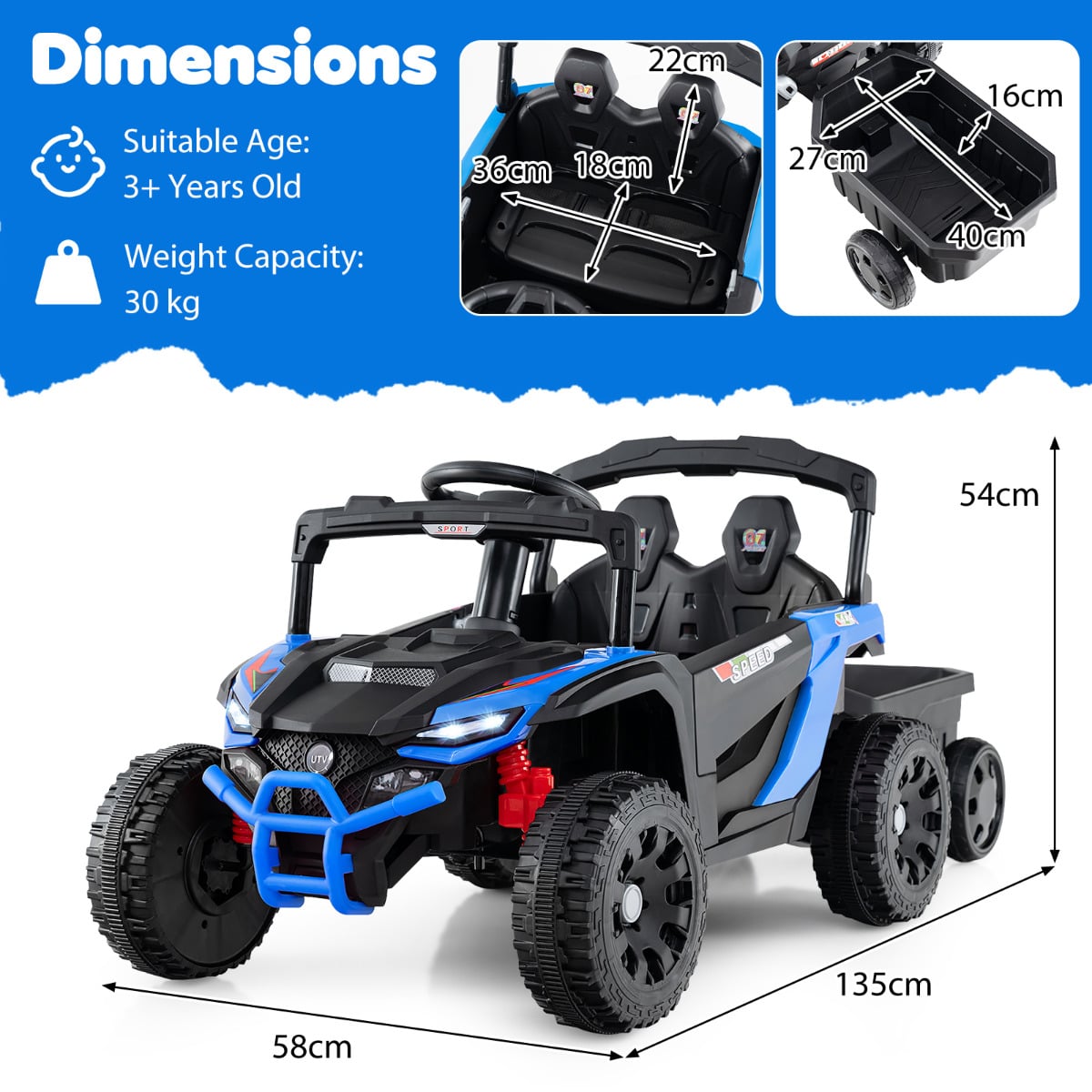 12V Battery Powered Ride On Kids Tractor with Detachable Trailer-Navy