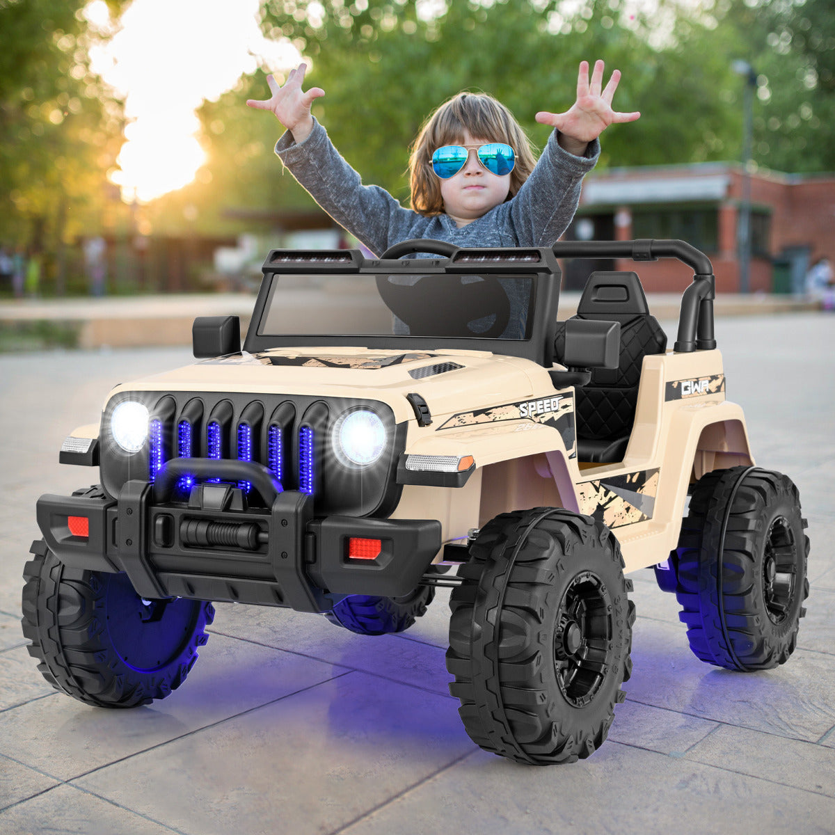 12V Kids Ride on Truck with 2.4G Parental Remote Control and Music-Khaki