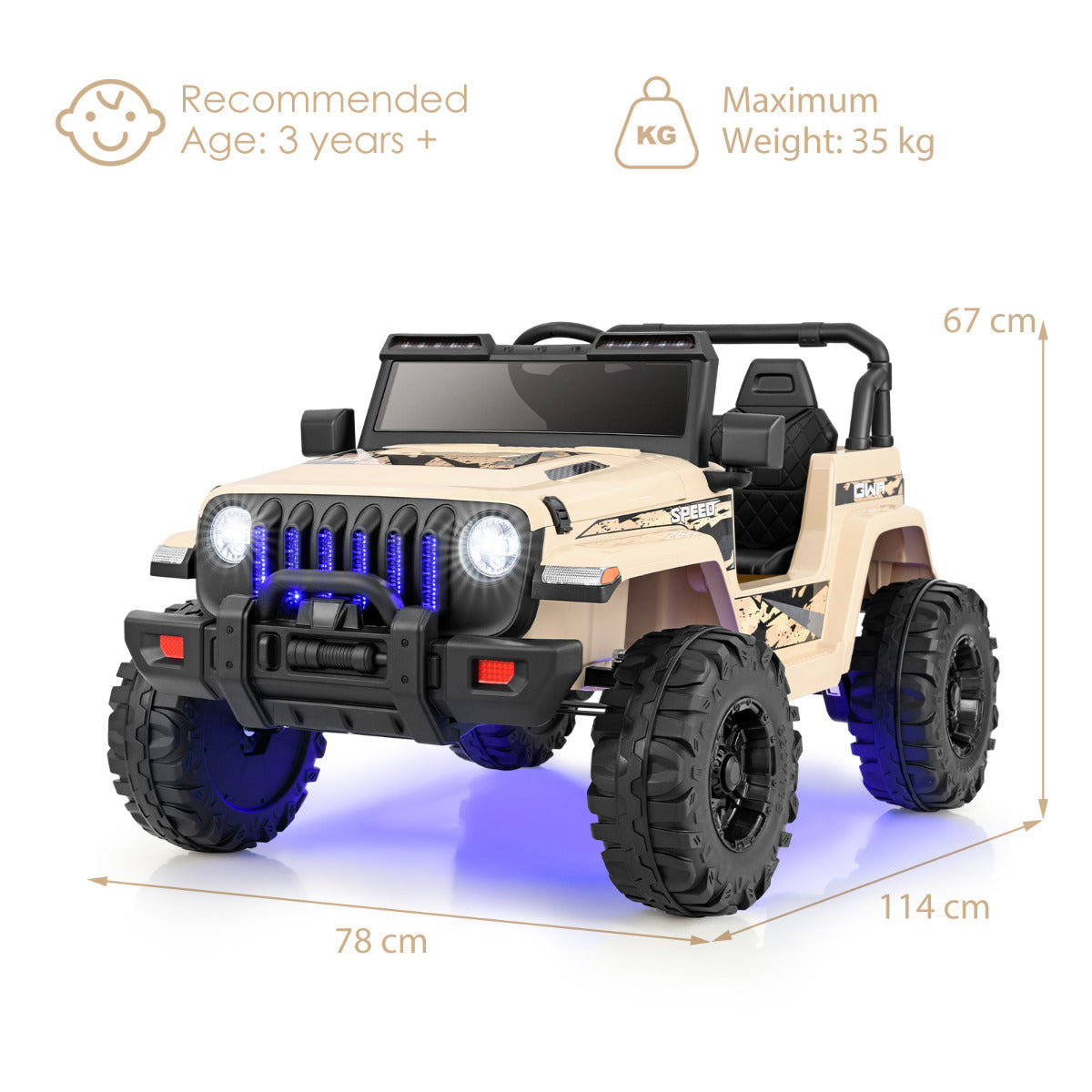 12V Kids Ride on Truck with 2.4G Parental Remote Control and Music-Khaki