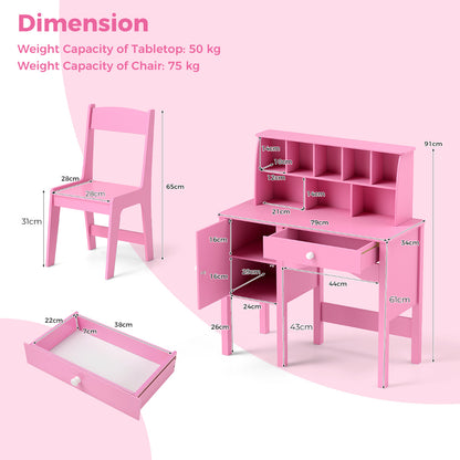 Kids Study Desk and Chair Set with Hutch and Storage Cabinet-Pink