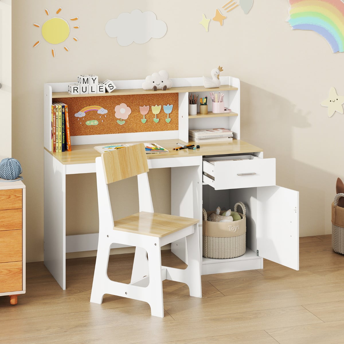 Kids Study Desk and Chair Set with Shelves and Storage Cabinet-Natural