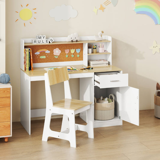 Kids Study Desk and Chair Set with Shelves and Storage Cabinet-Natural