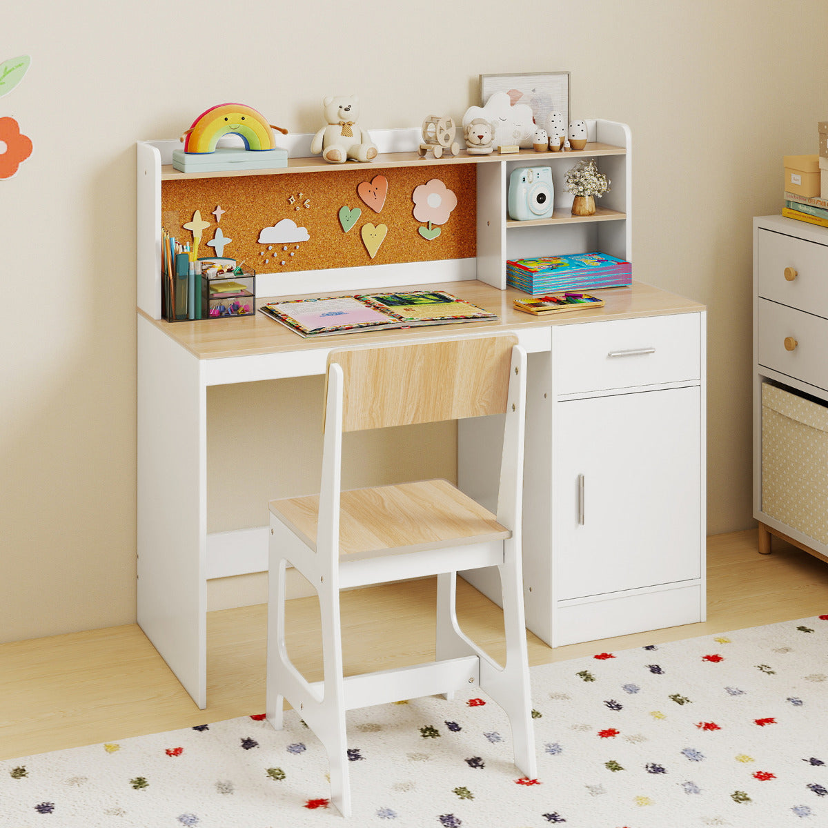 Kids Study Desk and Chair Set with Shelves and Storage Cabinet-Natural